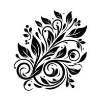 Elegant Black and White Floral Ornament with Leaves, Swirls, and Berries, Centered on a Plain White Background. vector