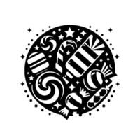 Black and White Circular Illustration of Assorted Candies and Stars, a Sweet and Festive Design. vector
