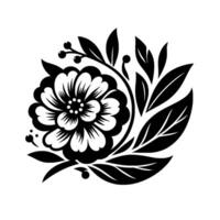 Intricate Black and White Floral Design A Stylized Flower with Leaves and Berries, Isolated on a White Background, Clean Aesthetic. vector