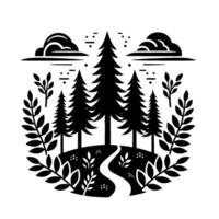 A stylized black and white forest scene with stylized trees, winding path, encircled by foliage, and cloudy sky accents. vector