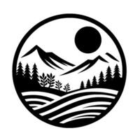 Circular Black and White Illustration of a Mountainous Landscape with Trees, Hills, and a Sun. vector