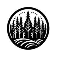 Stylized black and white circular illustration featuring a forest of pine trees on a rolling landscape, reminiscent of a nature logo. vector