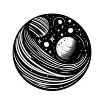 Cosmic Orb A black and white illustration of planets and stars swirling within a circular design. vector