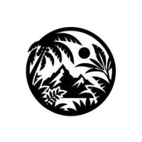 Monochromatic, circular tropical scene with silhouetted palm trees, mountain, flora, and sun, perfect nature aesthetic. vector