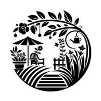 Black and white illustration of a stylized garden scene enclosed in a circle with a chair, flowers, plants, and an umbrella. vector