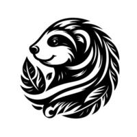 Smiling Badger in a Leafy Circle A Monochromatic, Illustration with Detailed, Stylized Fur and Foliage, Creating a Harmonious Design. vector