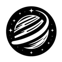 Stylized black and white featuring a planet with striped bands, set within a starry circular frame and a curved line. vector