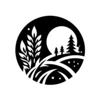 Stylized monochrome landscape illustration within a circle, featuring wheat, trees, moon, and rolling hills. vector