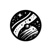 Black and White Stylized Illustration of a Celestial Scene Within a Circular Frame Depicting Cosmic Elements vector