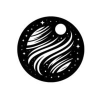 Abstract Black and White Celestial Icon Swirling Lines, Stars, and Moon within a Circle, Cosmic Design. vector