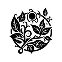 Elegant black and white circular floral emblem featuring stylized leaves, vines, berries, and a central sunlike element enclosed within a bold circular frame. vector