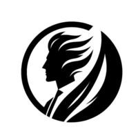 Silhouette of a mans head in profile, with stylized windswept hair, within a black circular frame on a white background. vector