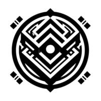 Geometric symmetrical black and white pattern, circular with nested shapes, minimalist aesthetic, modern art style. vector