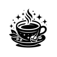 Steaming coffee cup with twinkling stars, beans, and a cherry on a saucer, a whimsical black and white illustration. vector