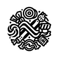 Intricate Black White Art Composition Featuring a Circular Arrangement of Candies, Lollipops, and Sweets. vector