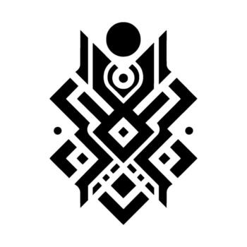 simétrico, minimalista negro y blanco geométrico con angular formas, círculos, cuadrícula, y un central estilizado como un ojo elemento. vector