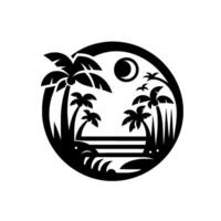 Serene Silhouette Black and white circular depicting palm trees, crescent moon, and a coastal scene. vector