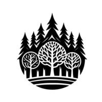 Stylized Black and White Forest Silhouette with Pine Trees and Circular Deciduous Trees in a Grassy Circle Composition. vector