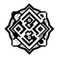 Intricate blackandwhite geometric starburst pattern, featuring overlapping mazelike shapes, dots, and a circular background, evoking modern art. vector