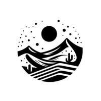 Minimalist Monochrome Desert Landscape in Circle, Featuring Mountains, Sun, Cactus, and Abstract Elements. vector