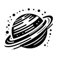 Minimalist Black and White Illustration of a Striped Planet with Rings Surrounded by Floating Dots. vector