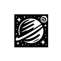 Black and white, stylized space illustration a planet with rings and swirling design, surrounded by stars within a square frame. vector