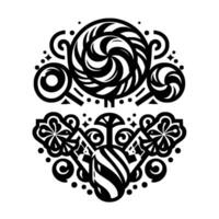Intricate Black and White Graphic Stylized Candy Composition with Swirls, Lollipops, and Floral Elements on a White Background. vector