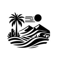 Desert Silhouette A palm tree and cacti stand before rolling sand dunes, mountains, sun and stylized wind in black and white. vector
