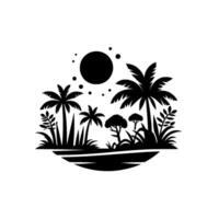 Stylized Black and White Tropical Island Scene Palm Trees, Vegetation, Sun, and Dots, Enclosed within a Circular Border, Minimalist Graphic. vector