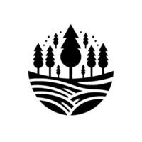 Black and white stylized illustration of a forest within a semicircular landscape, minimalist and geometric, featuring trees, rolling hills, and abstract dots. vector