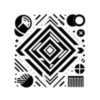 Symmetrical Geometric Composition of Abstract Black White Shapes, Diamonds, Lines, Circles, and Minimalist Elements. vector
