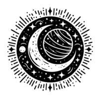 Celestial Black and White Illustration Crescent Moon, Planet, and Starburst within Circular Frame on White Background. vector