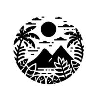 Black and White Landscape A circular featuring mountains, sun, palm trees, clouds, and stylized florafauna silhouettes. vector