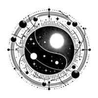Celestial YinYang Cosmos Black and white artwork depicting the balance of cosmic energies, with a starry night and sun in a circular design, framed by planets and lines. vector