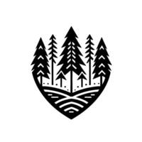 Black and White Minimalist ShieldShaped Forest Emblem Coniferous Trees on Rolling Hills Inside Geometric Outline. vector
