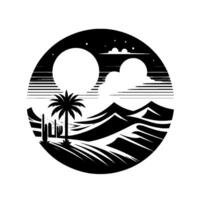 Minimalist black and white circular landscape with palm tree, cacti, dunes, sun, clouds, and stars, evoking desert night vibes. vector