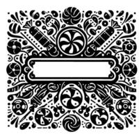 Black and white ornate candy design, featuring lollipops, hard candies, chocolates and sweets, arranged in a symmetrical border with an empty rectangular central space. vector