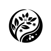 Black and white floral within a circular yinyang inspired composition, featuring a flower, leaves, and decorative elements. vector