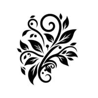 Black and white symmetrical botanical design, featuring stylized leaves, tendrils, and swirling patterns, presented on a pristine white backdrop. vector