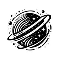 Black and White Illustration Stylized Planet with Rings and Starfield, Surrounded by Celestial Orbs and Abstract Lines. vector