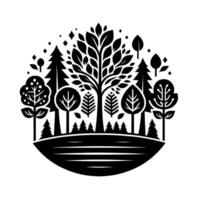 Stylized Black and White Forest Scene Trees, Bushes, and Decorative Elements Within Circular Frame. vector