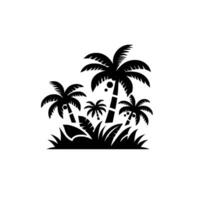 A stylized black and white depiction of a tropical scene, featuring several palm trees and blades of grass, creating a minimalistic island landscape. vector