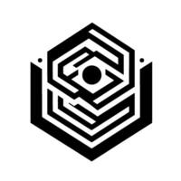 Abstract geometric emblem Hexagonal maze with a central black circle, contained within a black and white stark graphical design. vector