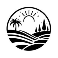 Stylized black and white circular landscape illustration with sun, palm tree, rolling hills, and fir trees. vector