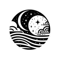 A serene, stylized nightscape within a circular frame, depicting a crescent moon, stars, clouds, and wavy sea in monochrome. vector