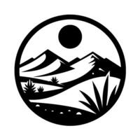 Monochromatic Circular Composition Depicting a Mountainous Desert Landscape with Sun, Plants, and Organic Forms. vector