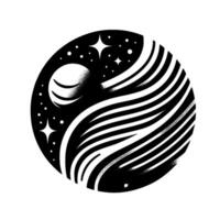 Celestial Monochrome A stylized view of space within a circle, featuring a planet, starry night, and flowing striped cosmic elements. vector