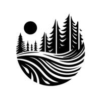 A monochrome circular nature featuring a sun, stylized forest, flowing lines, and a serene landscape illustration. vector