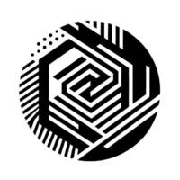 A geometric composition depicting a D hexagonal maze at the center, enclosed by a circular pattern of black and white lines, dots, and shapes. vector