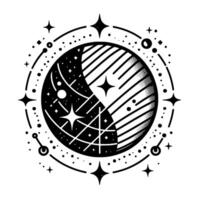 Intricate Celestial Illustration of a Divided Sphere with Stars, Lines, Dots, and Ornate Circular Frame in Black and White. vector